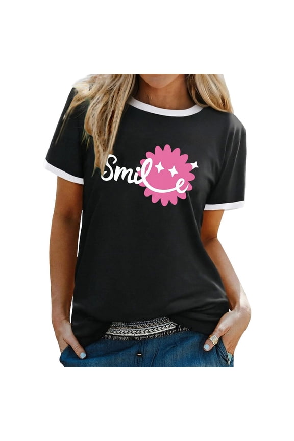 Short Sleeve T Shirts For Women Smiling Face Print Fashion Tee Blouse Casual Tunic Tops