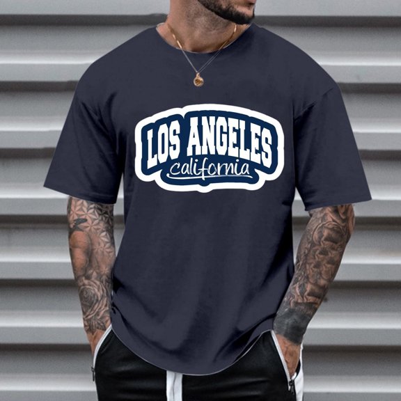 Short Sleeve T Shirts For Men Letter Print Fashion Casual Short Sleeve Lightweight Crew Neck T Shirt Loose Spring Summer Fall Basic Work Tee Vacation Clothes Dark Blue L