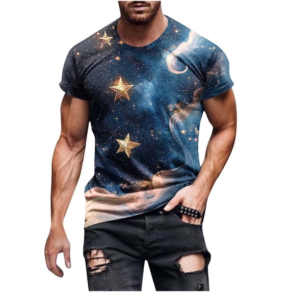 Short Sleeve T-Shirts Mens Graphic Tops Crewneck Casual 3D Printed Novelty Tee Summer Base Funny Tshirts (L, Navy)