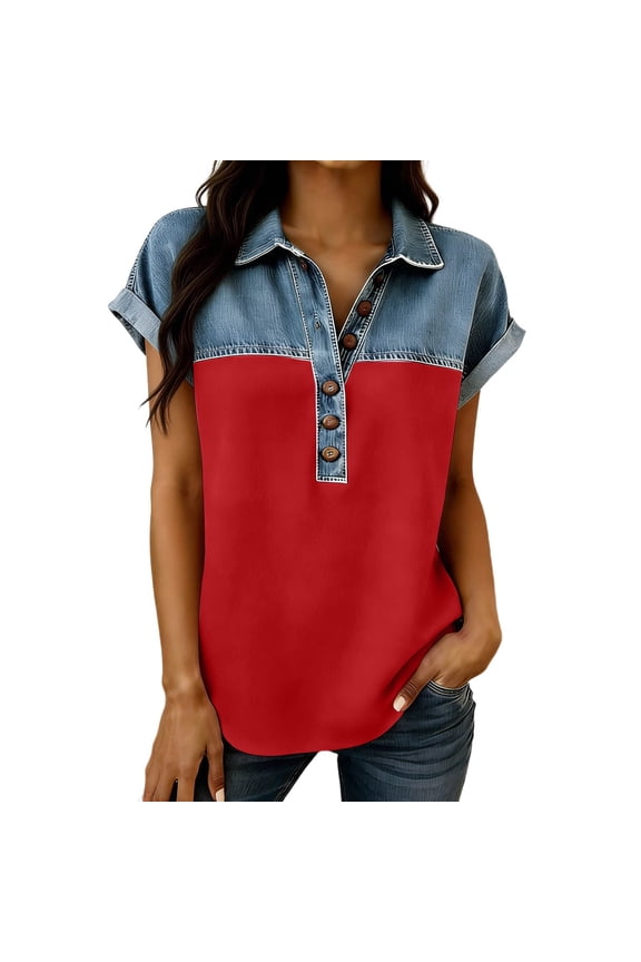 Short Sleeve T-Shirts V Neck Summer Tops Western Print With Collar And Contrast Yoke Design For Ladies Shirts Tops