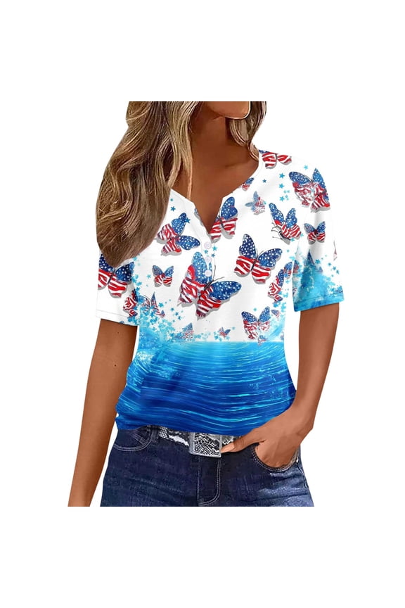 Short Sleeve T Shirts Women Plus Size Stars and Stripes 250th Anniversary USA Print Split Neck Oversized Tunic Summer Casual Breathable Sky Blue L