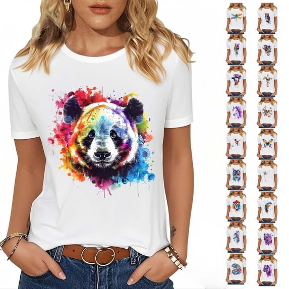Short Sleeve T-Shirts Women Summer Crew Neck Casual Shirts Cute Print Comfort Tees Beach Vacation Basic Tops White Tops,Size S-3XL