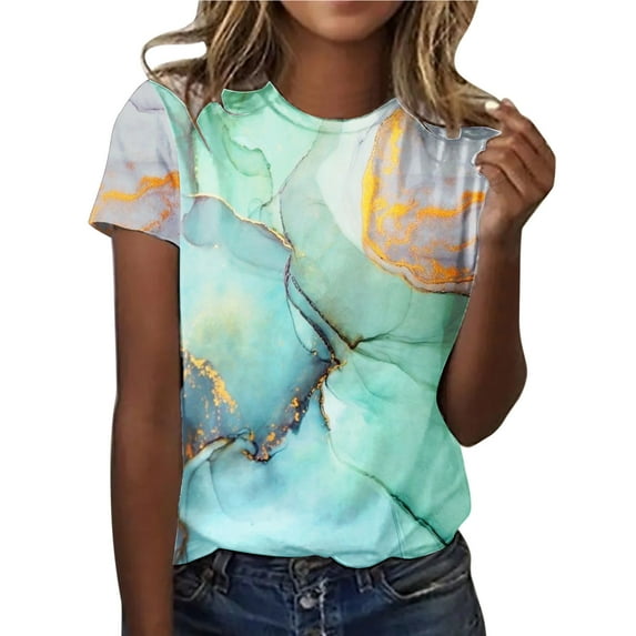 Short Sleeve T Shirts for Women Summer Daily Print O Neck Round Neck Tee Shirt Printed Flower Loose Side Split Blouse Tunic Casual T-shirt Tops Saving clearance