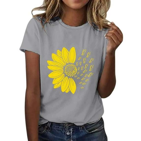 Short Sleeve T Shirts for Women Summer Sunflower Butterfly Printed Shirt Round Neck Fashion Top Lightweight Soft Outfit Clothes Casual T-shirt Tops