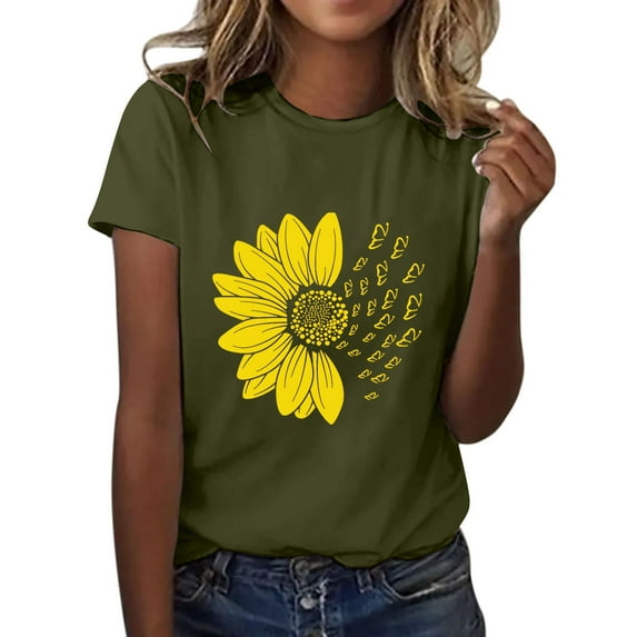 Short Sleeve T Shirts for Women Summer Sunflower Butterfly Printed Shirt Round Neck Fashion Top Lightweight Soft Outfit Clothes Casual T-shirt Tops