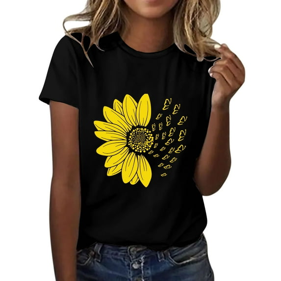 Short Sleeve T Shirts for Women Summer Sunflower Butterfly Printed Shirt Round Neck Fashion Top Lightweight Soft Outfit Clothes Casual T-shirt Tops