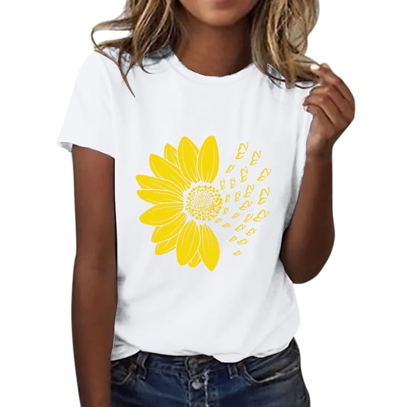 Short Sleeve T Shirts for Women Summer Sunflower Butterfly Printed Shirt Round Neck Fashion Top Lightweight Soft Outfit Clothes Casual T-shirt Tops
