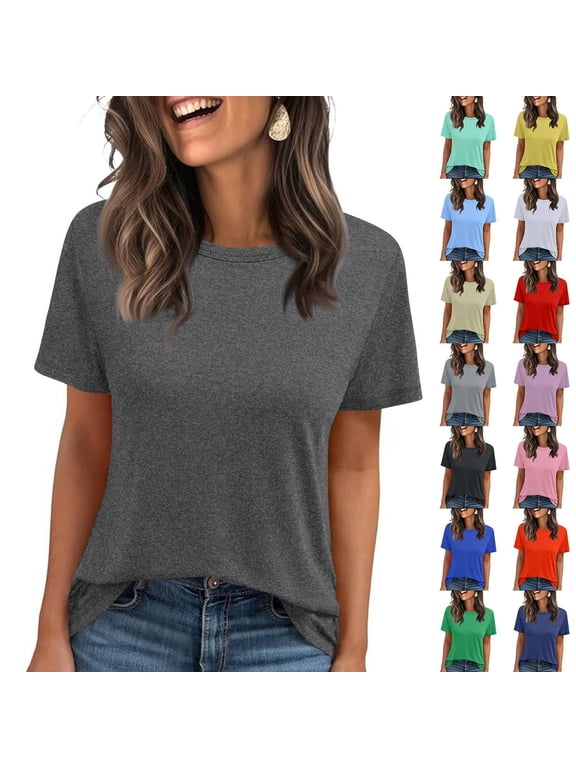 Short Sleeve T Shirts Women's Summer Crewneck Solid Color Tees Casual Basic Tops Dark Gray XL