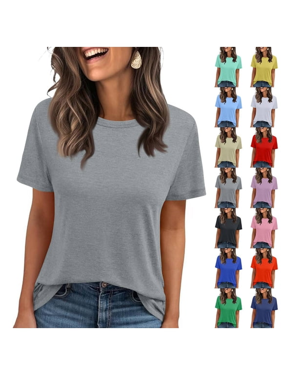 Short Sleeve T Shirts Women's Summer Crewneck Solid Color Tees Casual Basic Tops Gray 2XL