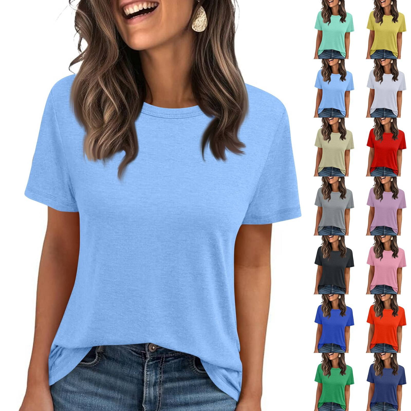 Short Sleeve T Shirts Women's Summer Crewneck Solid Color Tees Casual Basic Tops Light Blue M