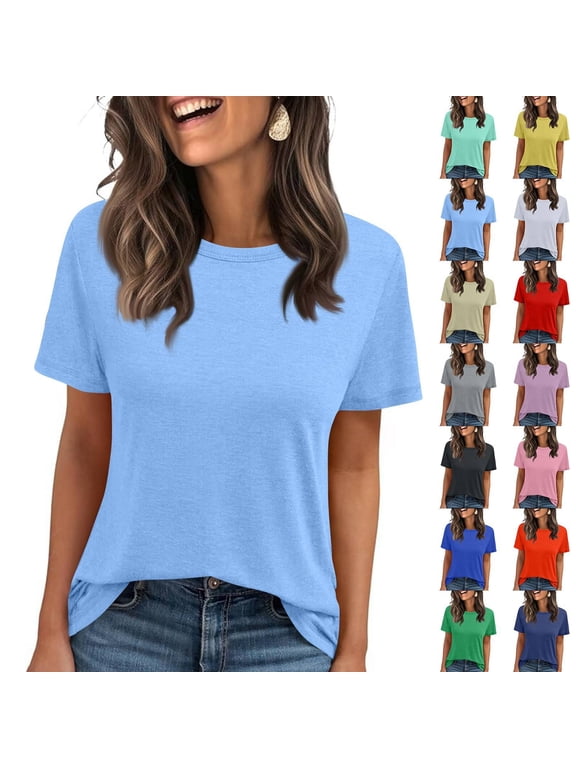 Short Sleeve T Shirts Women's Summer Crewneck Solid Color Tees Casual Basic Tops Light Blue M