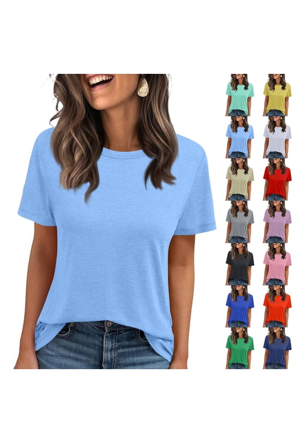 Short Sleeve T Shirts Women's Summer Crewneck Solid Color Tees Casual Basic Tops Light Blue M