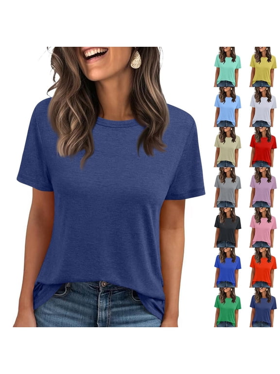 Short Sleeve T Shirts Women's Summer Crewneck Solid Color Tees Casual Basic Tops Navy L