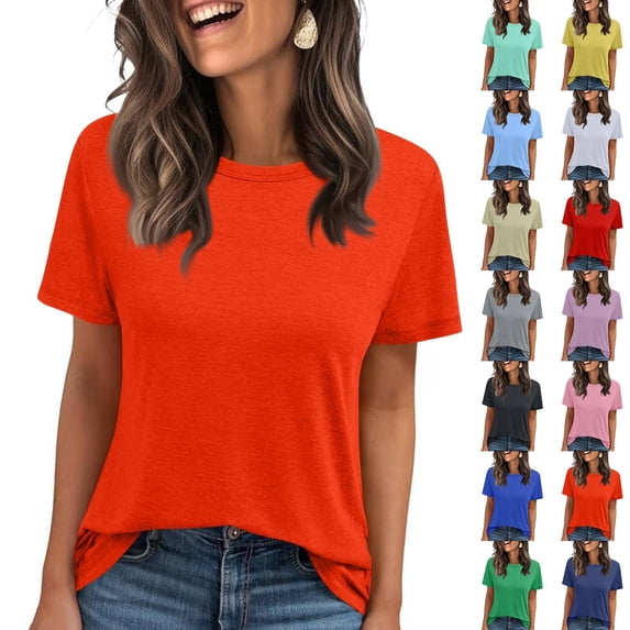 Short Sleeve T Shirts Women's Summer Crewneck Solid Color Tees Casual Basic Tops Orange L