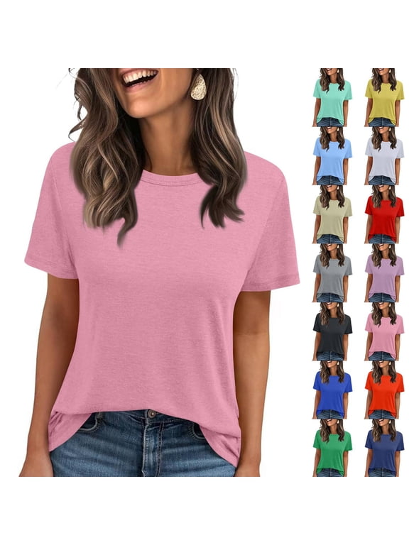Short Sleeve T Shirts Women's Summer Crewneck Solid Color Tees Casual Basic Tops Pink M