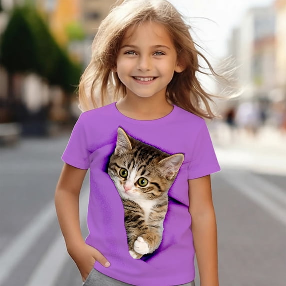 Short Sleeve T Shirts for Girls Cute Cat Print Kids Tshirts (Purple 10-11 Years)