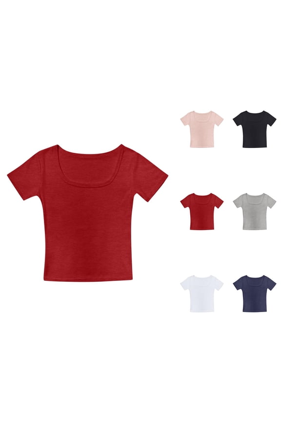 Short Sleeve T-Shirts for Girls Summer Crop Tops Square Neck Slim Fit Basic Tee Trendy Tween Girls Trendy Clothes for Hot Weather