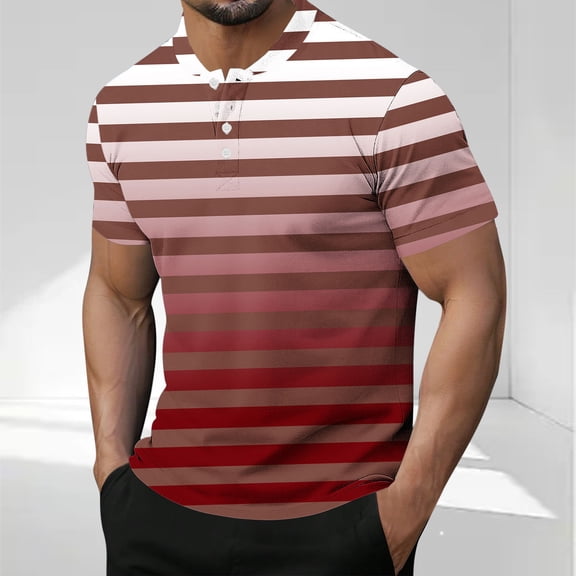 Short Sleeve T Shirts for Men Button Crewneck Going-Out Tees Tops Mens Casual Stripe Printed Pullover Breathable Basic Streetwear Tshirts Shirt