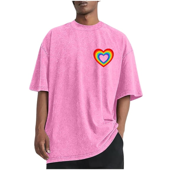 Short Sleeve T-Shirts for Men Rainbow Heart Printed Crew Neck Cotton Tshirts Valentines Tops Casual Summer Tees (XL, Pink D)