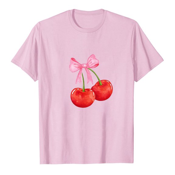 Short Sleeve T-Shirts for Women Cute Crew Neck Bowknot Cherry Printed Y2K Tops Casual Relaxed Pullover Comfort Basic Graphic Tees