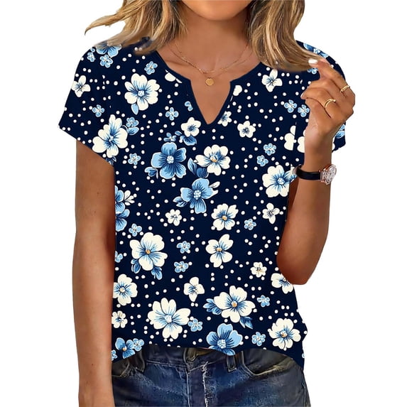 Short Sleeve T Shirts for Women Floral Printed V Neck Graphic Base Tees Loose Fit Casual Summer Tshirts (L, Navy)