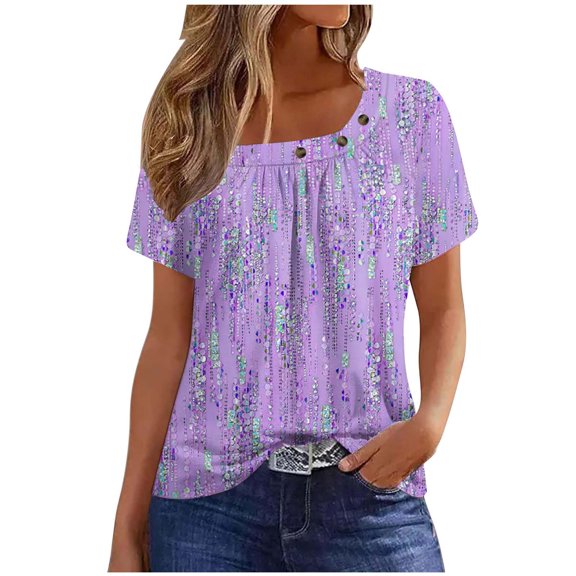 Short Sleeve T-Shirts for Women Graphic Print Basic Tee Scoop Neck Casual Tops Summer Tshirts Loose Fit (L, Purple A)