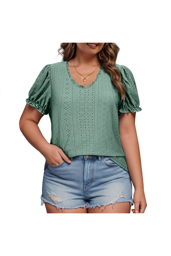 Short Sleeve T Shirts for Women, Summer Plus Size Solid Color Round Neck Hollow Puff Sleeve Women's Short Sleeve Round Neck Top/Shirt Green