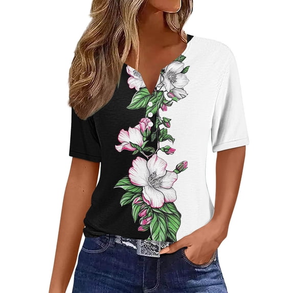 Short Sleeve T-shirts for Women Summer Trendy Floral Printed V Neck Tops Loose Fit Casual Tees with Button (L, White)