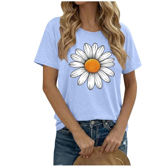 Short Sleeve T-shirts for Women Teens Daisy Floral Printed Crewneck Casual Summer Tee S-2XL Base Tshirts (XL, Light Blue)