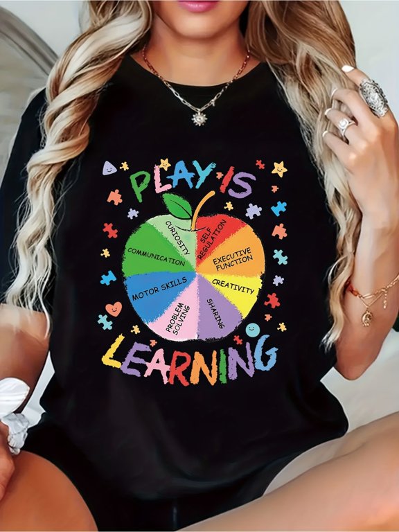 Short Sleeve TShirt - Rainbow Apple Puzzle Print Blouse Top, Crewneck Casual Casual Attire Suitable