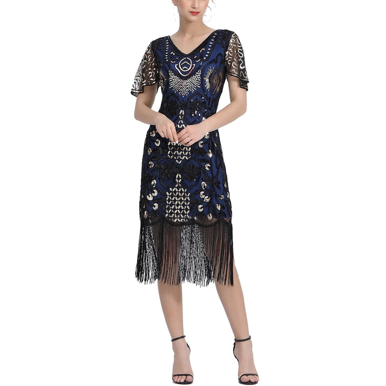 Whitewed Short Sleeve Tassel Beaded Ladies Roaring 20S Girl For Flapper Wedding Dresses, Women's, Size: 4-6, Blue