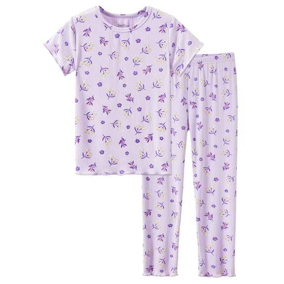 Short Sleeve Tee & Pants Pajamas for Little / Big Girls Cool Summer Ditsy Floral Loungewear PJ Set Size 6