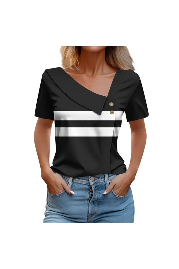Short Sleeve Tee Shirts for Women Summer Fall Spandex Graphic Brunch Striped Tops Shirts Ladies Button 2026 Clothing Country Concert Y2K