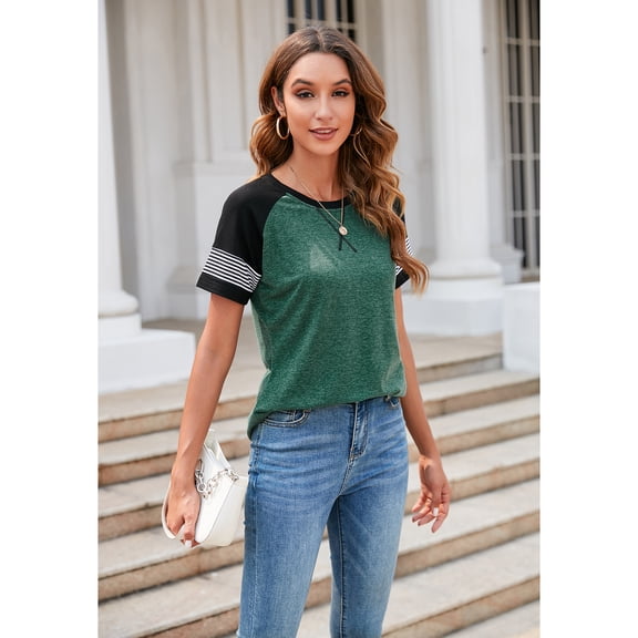 Short Sleeve Tees Round Neck T Shirts Loose Fit Summer Tops with Striped Sleeve Design for Women Girls Ladies