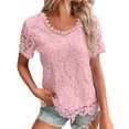 thumbnail image 1 of Short Sleeve Tees for Women Crewneck Lace Crochet Embroidery Elegant Office Work Casual Blouse Womens Tops, 1 of 5