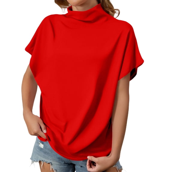Short Sleeve Tees for Women High Neck Solid Loose Relaxed Fit Daily Summer Casual Short Sleeve Tee Womens Tops