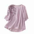 thumbnail image 1 of Short Sleeve Tees for Women V Neck 3/4 Sleeve Boho Floral Embroidery Linen Style Button Tunic Tee Womens Tops, 1 of 6