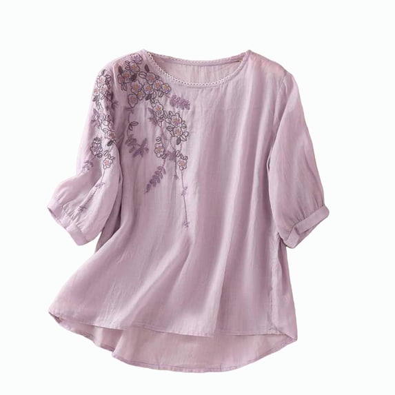 Short Sleeve Tees for Women V Neck 3/4 Sleeve Boho Floral Embroidery Linen Style Button Tunic Tee Womens Tops