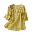 thumbnail image 1 of Short Sleeve Tees for Women V Neck 3/4 Sleeve Boho Floral Embroidery Linen Style Button Tunic Tee Womens Tops, 1 of 6