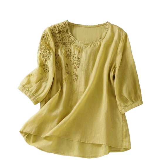 Short Sleeve Tees for Women V Neck 3/4 Sleeve Boho Floral Embroidery Linen Style Button Tunic Tee Womens Tops