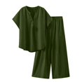 thumbnail image 1 of Short Sleeve Top & Shorts Set - Women's Cotton Linen Casual Suit, Green Womens Daily Casual Short Sleeve O Neck Blouse Tops Pockets Elastic Waist Long Pants Shirt Trousers Set, 1 of 5