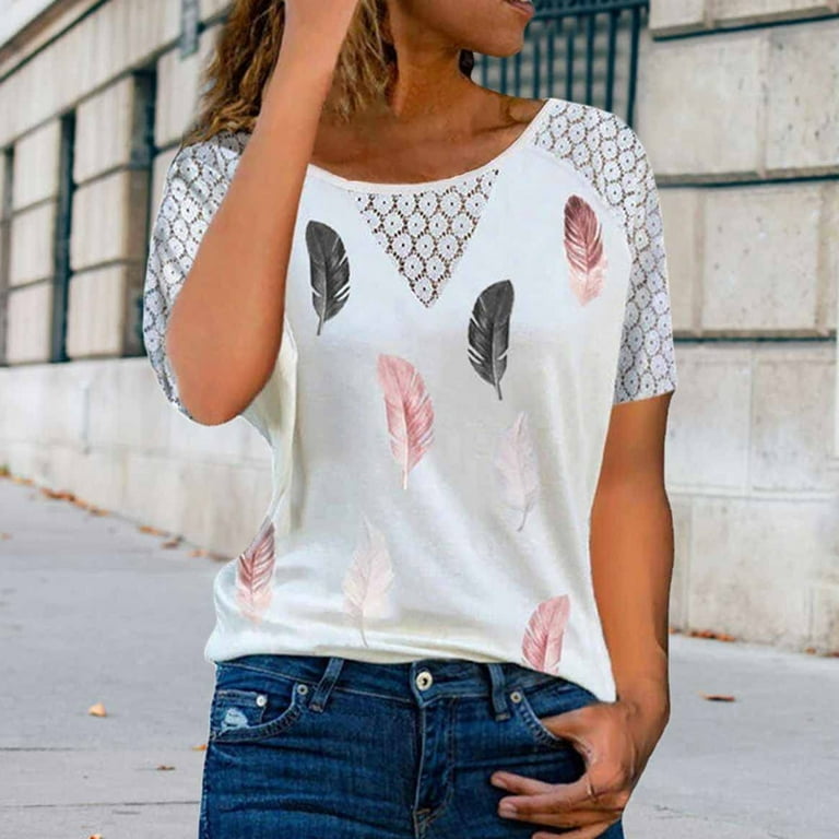 Short Sleeve Top for Women Casual crew Neck Lace Stitching