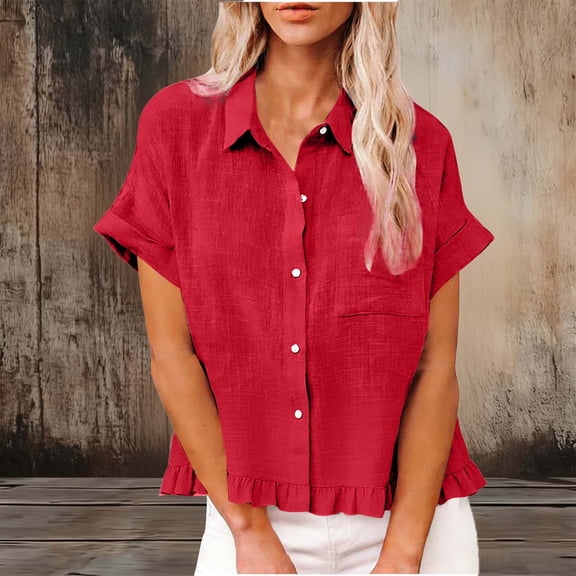 Short Sleeve Tops New Women's Fashion Spring Summer Clothing Fabric Solid Color Front Pocket Hem Fringe Short Sleeve Flared Collar Tops Style B-7 Red L