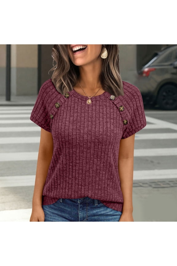 Short Sleeve Tops for Women New Women's Solid Short Sleeve Round Neck Button up Shirts Business Casual Blouses Dressy Work Tunic Tops Style B-63 Wine S