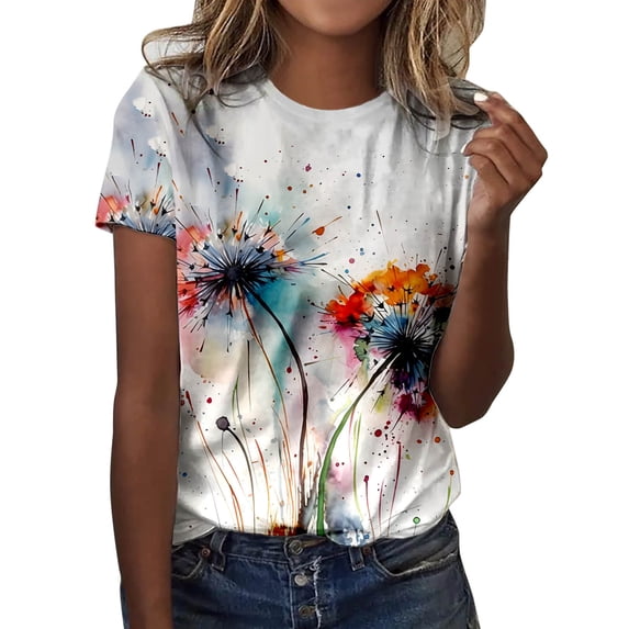Short Sleeve Tops for Women Casual Fashion Round Neck Flower Butterfly Print TShirt Summer Womens Tshirts Red L