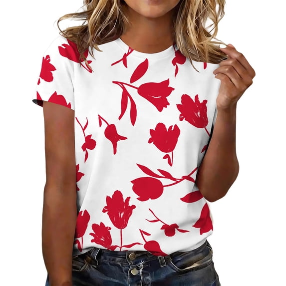 Short Sleeve Tops for Women Casual Neck Shirts Blouses Summer Womens Tshirts Red M