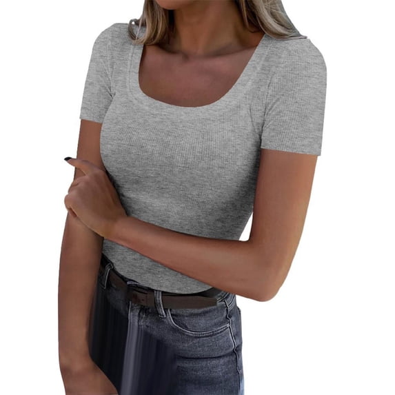 Short Sleeve Tops for Women Casual Scoop Neck Ribbed Knit Fitted Tee Slim Basic Shirts Summer Womens Tshirts Grey XL