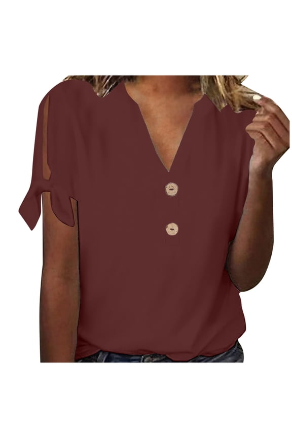 Short Sleeve Tops for Women Casual T Shirts V-Neck Loose Fit Shirt Fashion Lace Neckline Solid Basic Tops Summer Tops Wine M