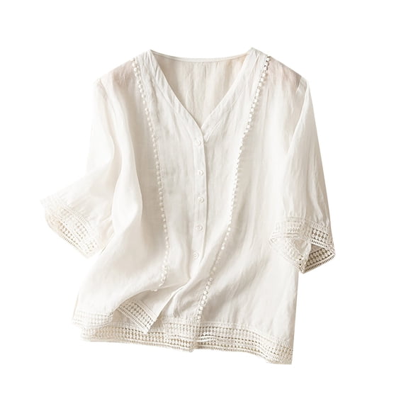 Short Sleeve Tops for Women Cotton And Linen Crochet Artistic Small Versatile Shirt V Neck Casual Fashion Womens Blouses
