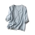 thumbnail image 1 of Short Sleeve Tops for Women Cotton And Linen Crochet Artistic Small Versatile Shirt V Neck Casual Fashion Womens Blouses, 1 of 6